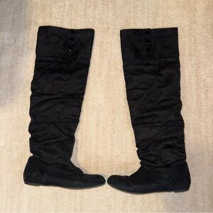 black suede knee high boots with button detail